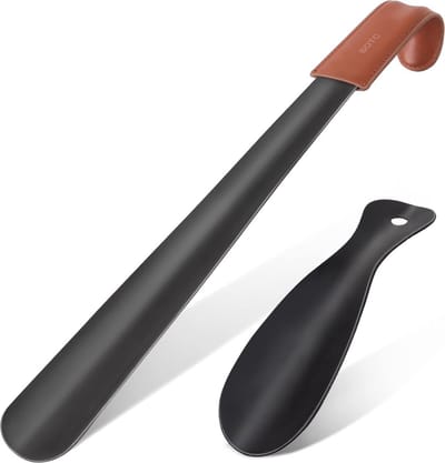 BOTC Schoenlepel Set - 2 in 1 RVS Schoentrekker - Lang 41cm en Kort 19cm - RVS - Leder Handgreep - Zwart