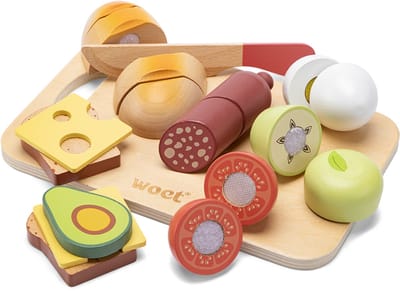 Woet® Houten Snijset Ontbijt - Speelset met Snijplank met Brood, Avocado, Kaas, Ei en Fruit - Educatief Speelgoedeten - Rollenspel Keukenspeelgoed - Vanaf 2 Jaar