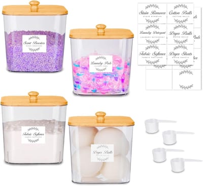 Famanu – Waspads opbergbox set van 4 met deksel, etiketten en scheppen voor wasmiddel en wasparfum