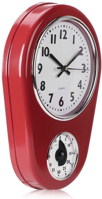 Dailygoody - Keuken Wandklok Met Timer - Vintage Muurklok - Stille Kwarts Beweging - Rode Kleur - Kookwekker - Geschikt voor Keuken