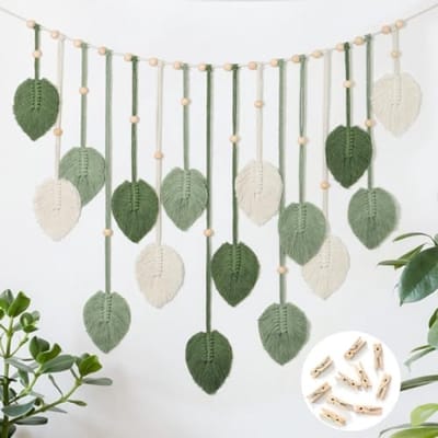 PromoHome Macramé Wandtapijt Groot Boho Stijl - Handgemaakt Bladeren Design - Groen Geweven Wanddecoratie voor Woonkamer Slaapkamer Kantoor - 130x73 cm