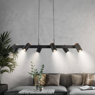 BRILONER Duta – Hanglamp – met 6-lichts – zwenkbaar – GU10 fitting – eetkamerlamp – zwart & hout – 110 x 24,9 x 120 cm