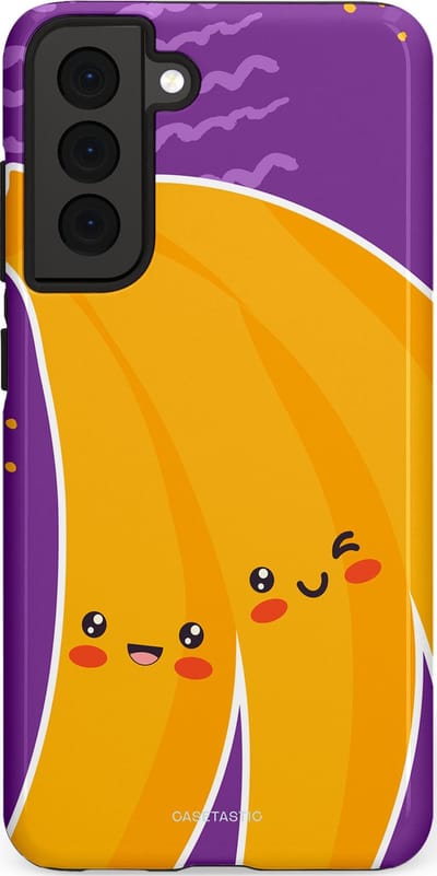 Casetastic hoesje geschikt voor Samsung Galaxy S21 FE 5G - Dubbellaagse bescherming - Blije Banaan - Fashion Case - Lavendel Geel