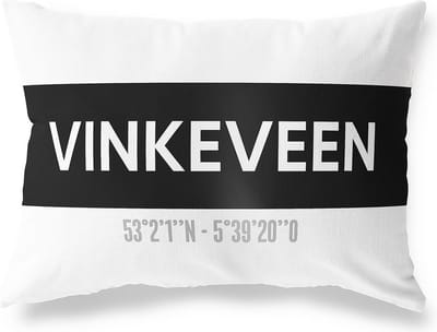 Tuinkussen VINKEVEEN - UTRECHT met coördinaten - Buitenkussen - Bootkussen - Weerbestendig - Jouw Plaats - Studio216 - Modern - Zwart-Wit - 50x30cm