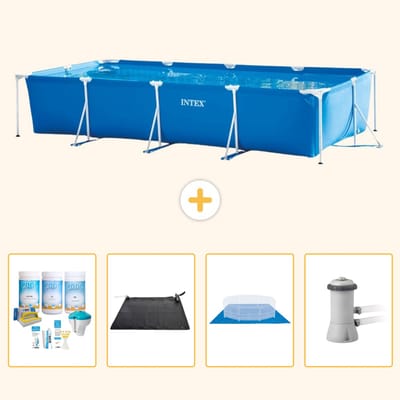 Intex Rechthoekig Frame Zwembad - 450 x 220 x 84 cm - Blauw - Inclusief Onderhoudspakket - Solar Mat - Grondzeil - Zwembadfilterpomp - 5-delig