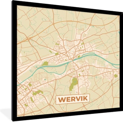 Fotolijst incl. Poster - Plattegrond - Retro - Kaart - Wervik - Stadskaart - 40x40 cm - Posterlijst