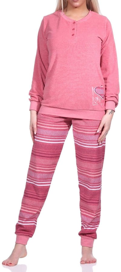 Dames badstof pyjama lange mouw met manchetten - broek gestreept - ook in overmaten
