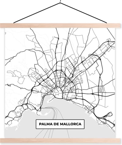 Posterhanger incl. Poster 40x40 cm - Schoolplaat - Kaart - Mallorca - Stadskaart - Zwart Wit - Plattegrond - Textielposter - Blanke latten - Stadskaart