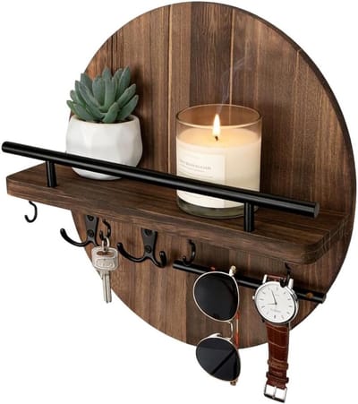 Decoratief Sleutelrek met Plank van Vintage Hout, Ronde Sleutelhouder met Opbergruimte voor Hal, Wanddecoratie en Organisatie (Bruin, 30 x 30 x 12 cm)