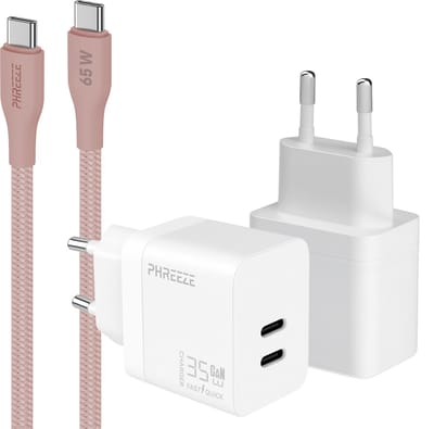 Phreeze usb C oplader 35 W - Power Delivery GaN snellader met 2 poorten + usb C kabel - S25 S24 S23 S22 en A55 A54 A53 Fold en Flip 5 6 7 - Super snelle oplader voor telefoon en tablet