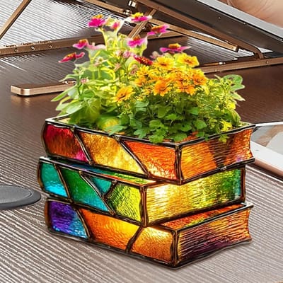 Boekvaas - Bloemenvaas boeken - Decoratie huis - Gestapelde boekvorm - 15x15x15 cm - Meerkleurig