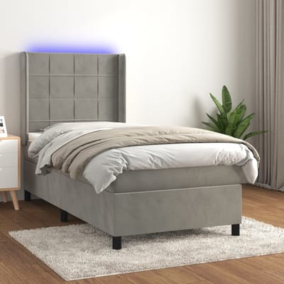 vidaXL - Boxspring - met - matras - en - LED - fluweel - lichtgrijs - 90x190 - cm