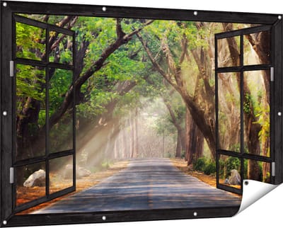 Gards Tuinposter Doorkijk Weg Omringd met Bomen - 150x100 cm - Tuindoek - Tuindecoratie - Wanddecoratie buiten - Tuinschilderij