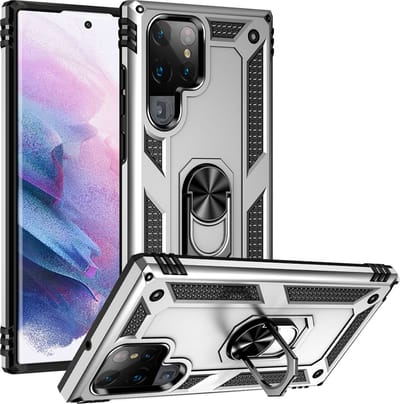MobyDefend Hoesje - Geschikt voor Samsung Galaxy S22 Ultra - Pantsercase Met Draaibare Ring - Zilvergrijs