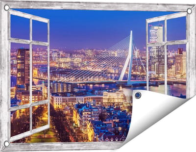 Gards Tuinposter Doorkijk Rotterdamse Skyline met de Erasmusbrug - 60x40 cm - Tuindoek - Tuindecoratie - Wanddecoratie buiten - Tuinschilderij