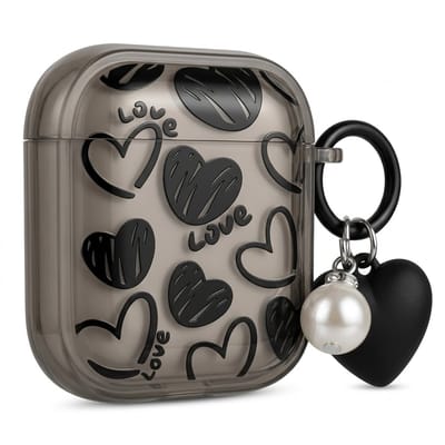 Zwart transparant hoesje voor oordopjes dames met hartjes patroon en decoratieve hanger geschikt voor AirPods 4 met matte afwerking en clip