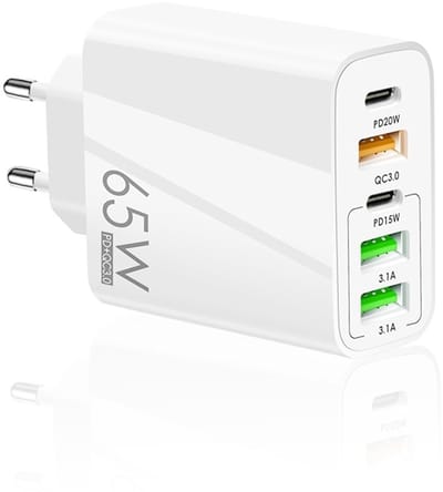 65W 5-Poorts USB Lader met Dual USB-C PD + 3X USB-A - Snellader oplader geschikt voor telefoons, tablets etc. - wit