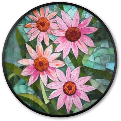 Poster in lijst Rond - Fotolijst 60x60 cm - Posters - Bloemen - Roze - Glasmozaïek - Ronde posterlijst zwart - Decoratie - Wanddecoratie woonkamer - Muurdecoratie slaapkamer