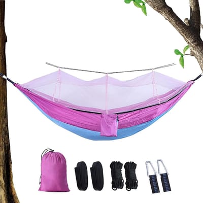 Hangmat met net - Kampeerbed outdoor - Buiten ontspannen - Geïntegreerd vliegengaas - 220 x 140 cm - Lichtblauw Roze