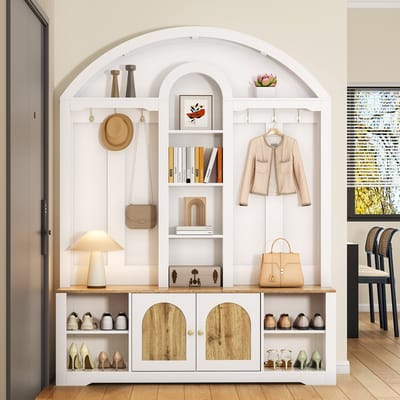 MODFU - Garderobekast - Gebogen Ontwerp En Open Opbergruimte - Scandinavische Stijl - Hal - MDF - Wit En Houtkleur - 150 X 40 X 195 Cm