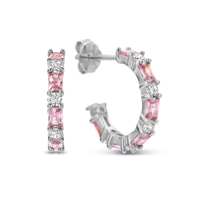 New Bling 9NB-1032 Zilveren Halve Oorringen met zirkonia 15 mm - 2 mm Breed - Roze - Pouchette - Rhodium - Zilver