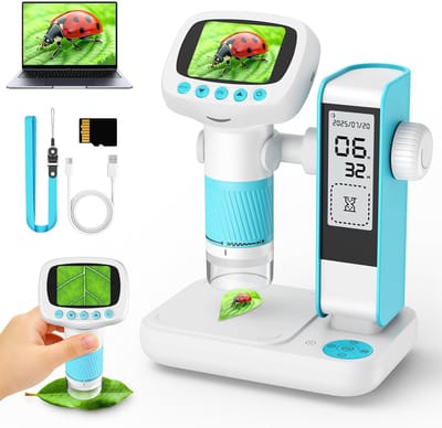 Microscoop - Kinder microscoop - 2-in-1 microscoop voor kinderen - Met studieklok - Met statief - Vergroting van 1000x - 2-inch IPS-scherm - PC-USB-poort - 8 dimbare led's - Geschikt voor kinderen vanaf 5 jaar - Blauw