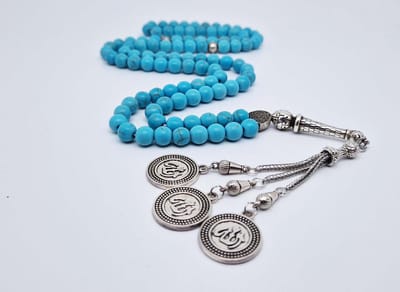 Handgemaakte tesbih "Tasbih" natuursteen "Turkoois" - Aantal kralen 99 - Diameter kralen 8MM - met metaal tassel "Allah Alwahid" - Een mooi cadeau-idee