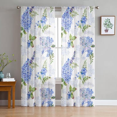 Waterverf Hortensia Bladeren Bloemen Transparante Gordijnen voor Woonkamer Decoratie Raambekleding Keuken Tule Voile Gordijnen W135 x H115cm x1 white