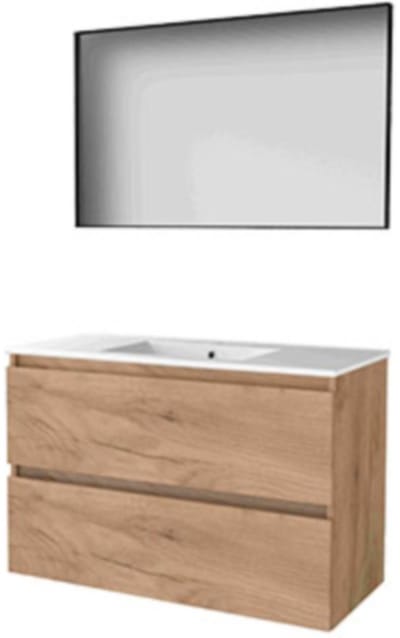 Basic-Line Framed 46 Badkamermeubelset - 100 x 46 cm - Greeploos - 2 Lades - Keramische Wastafel - 1 Kraangat - Spiegel met Zwart Aluminium Frame - Whisky Oak