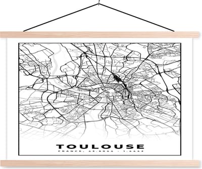 Posterhanger incl. Poster 90x60 cm - Schoolplaat - Kaart - Stadskaart - Frankrijk - Toulouse - Plattegrond - Zwart wit - Textielposter - Blanke latten - Stadskaart