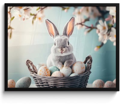 Poster in lijst - Fotolijst 70x50 cm - Posters - Konijn - Eieren - Mand - Posterlijst zwart - Decoratie - Wanddecoratie woonkamer - Muurdecoratie slaapkamer