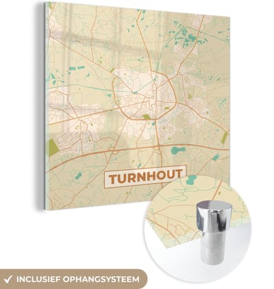 MuchoWow® Glasschilderij 90x90 cm - Schilderij acrylglas - Turnhout - Stadskaart - Retro - Kaart - Plattegrond - Foto op glas - Schilderijen