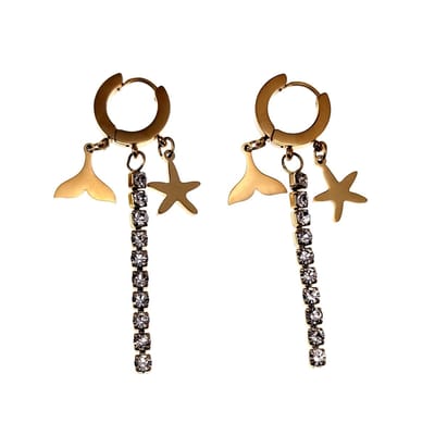 Oorbellen Dames - Verguld RVS - Oorringen met Drie Hanger - Zeester - Zirkonia - Zeemeerminvin