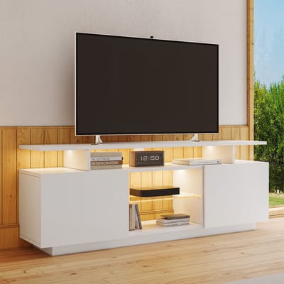 MODENUIT Tv-Meubel - Ledverlichting En 2 Deuren - Voor Tv Tot 60 Inch In Woonkamer - Spaanplaat Wit - 140x35x55 Cm