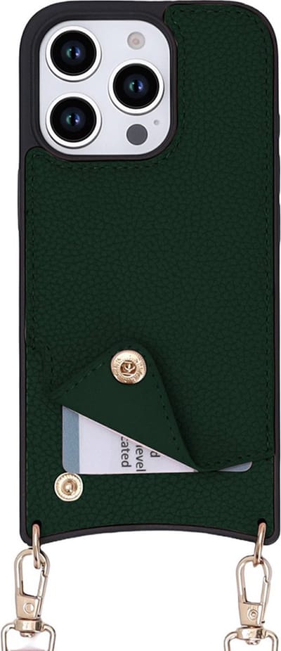 CaseBoutique Backcase hoesje geschikt voor iPhone 16 Pro Max - Effen Groen - Kunstleer - met Crossbody Koord & Pashouder