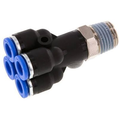6mm x R1/4'' 4-way Y Manifold Messing/PA 66 Insteekfitting Buitendraad Draaibaar NBR
