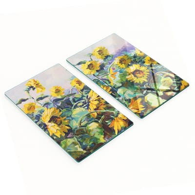 Twee decoratieve snijplanken van gehard glas met zonnebloemmotief, 2x30x52 cm