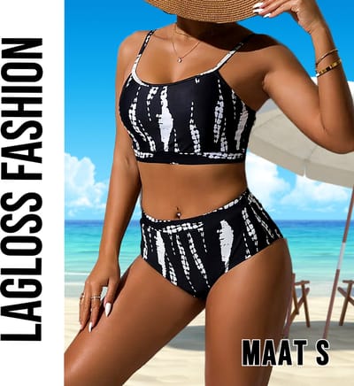 LaGloss® Dames Bikini Set met Zwart-Wit Print – Hoge Stretch Spaghetti Bandjes – Buikcontrole Zwemkleding voor Strand & Zwembad – Maat S