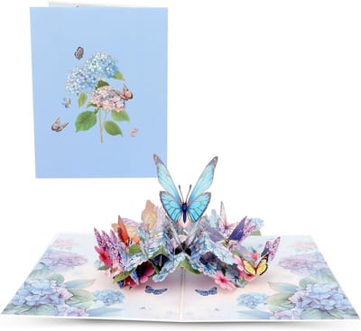 Elegante 3D pop-up wenskaart met majestueuze blauwe vlinders en kunstzinnige bloemenarrangementen voor elke gelegenheid