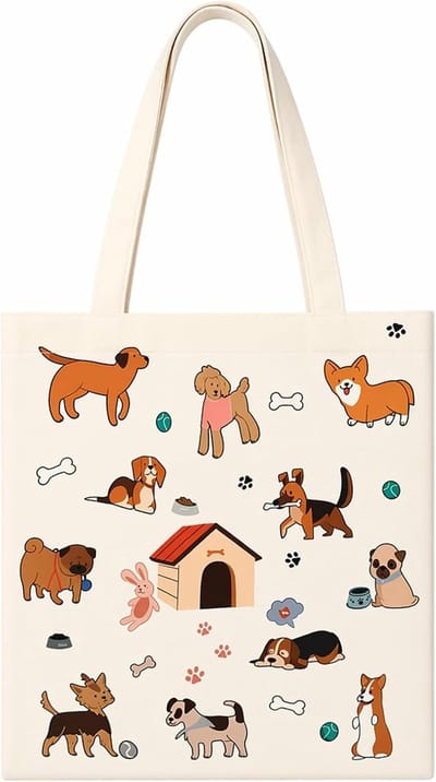 Hondenmotief boodschappentas van stof, 38 x 40 cm, grote katoenen tote bag met binnenvak, wasbare draagtas voor dagelijks gebruik en winkelen, ideaal voor hondenliefhebbers