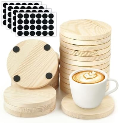 PromoHome 100 mm Onbewerkte Houten Onderzetters Set van 24 Stuks - Natuurlijke Houten Schijven voor Dranken, Tafelbescherming, DIY Projecten - Blanke Houten Cirkels om te Schilderen, Graveren en Beschrijven - Met 96 Anti-Slip Rubberen Dots