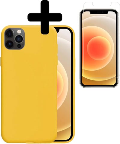 Hoesje - Met Screenprotector - Geschikt voor Apple iPhone 12 Pro - Sterk & Shockproof - Back Cover - Siliconen Case - Telefoon Hoes - Telefoonhoesjes - Geel