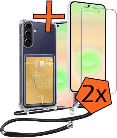Hoesje Geschikt voor Samsung A37 Hoesje Met Telefoonketting Pasjeshouder Shockproof Case Met 2x Screenprotector Koord - Hoesje Geschikt voor Samsung Galaxy A37 Hoes Met Kaarthouder - Transparant