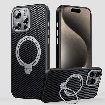 Hoesje geschikt voor iPhone 15 Pro Magsafe hoesje met Carbon uitvoering - 360° Draaibare Magnetische Standaard - Back Cover Kickstand Ring – Zwart
