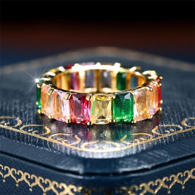 Mystic Rainbow Crystal Multicolor Zirkonia Vierkante Steen Ringen Geelgoud Kleur Trouwsieraden Voor Vrouwen 6 beige