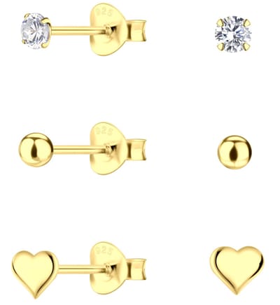 Joy|S - Zilveren oorbellen - set 3 paar - ronde oorbellen - hartje oorbellen - zirkonia oorbellen - oorknopjes - gold plated