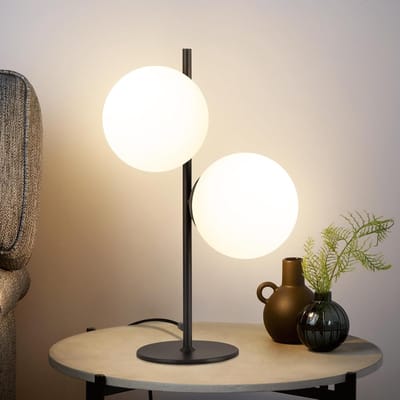 Glitzerlife - Tafellamp Tafellampen Nachtlamp Bedlamp - 2xE27 industrieel modern design - bedlampje met schakelaar - metaal en wit glas - Ø21.5cm - Matzwart