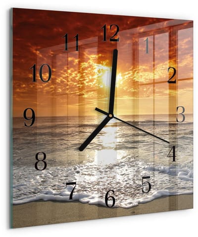 Tulup Wandklok - Strand Zee Glazen Klok Met Print - 30x30 cm - Oranje Moderne Glazen Wandklok - Zwarte Handen - Vierkante Wandklok - Moderne Wandklok Glas - Wandklok Glas Decoratie