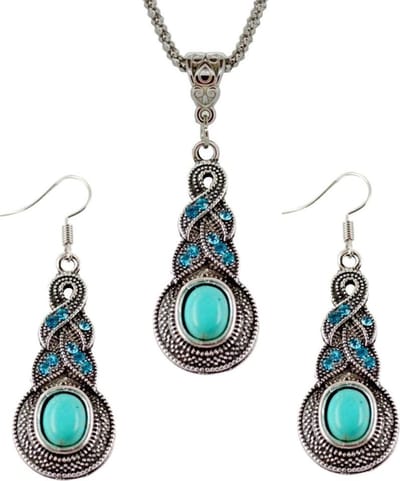 Fako Bijoux® - Sieradenset - Tibetaanse Stijl - Zilverkleurig - Pendule - Turquoise