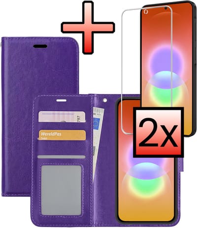 Hoesje - Met 2x Screenprotector - Geschikt voor Samsung Galaxy A27 - Luxe Pasjeshouder - Bookcase Portemonee - Flip Case - Kunstleer Book Case - Flipcase Hoes - Book Cover - Walletcase - Portemonneehoes - Paars